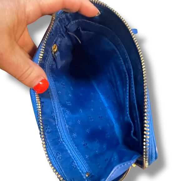 Tory Burch Britten Large Blue Pebbled Leather Zip Wristlet Wallet Gold Hardware - Picture 10 of 12